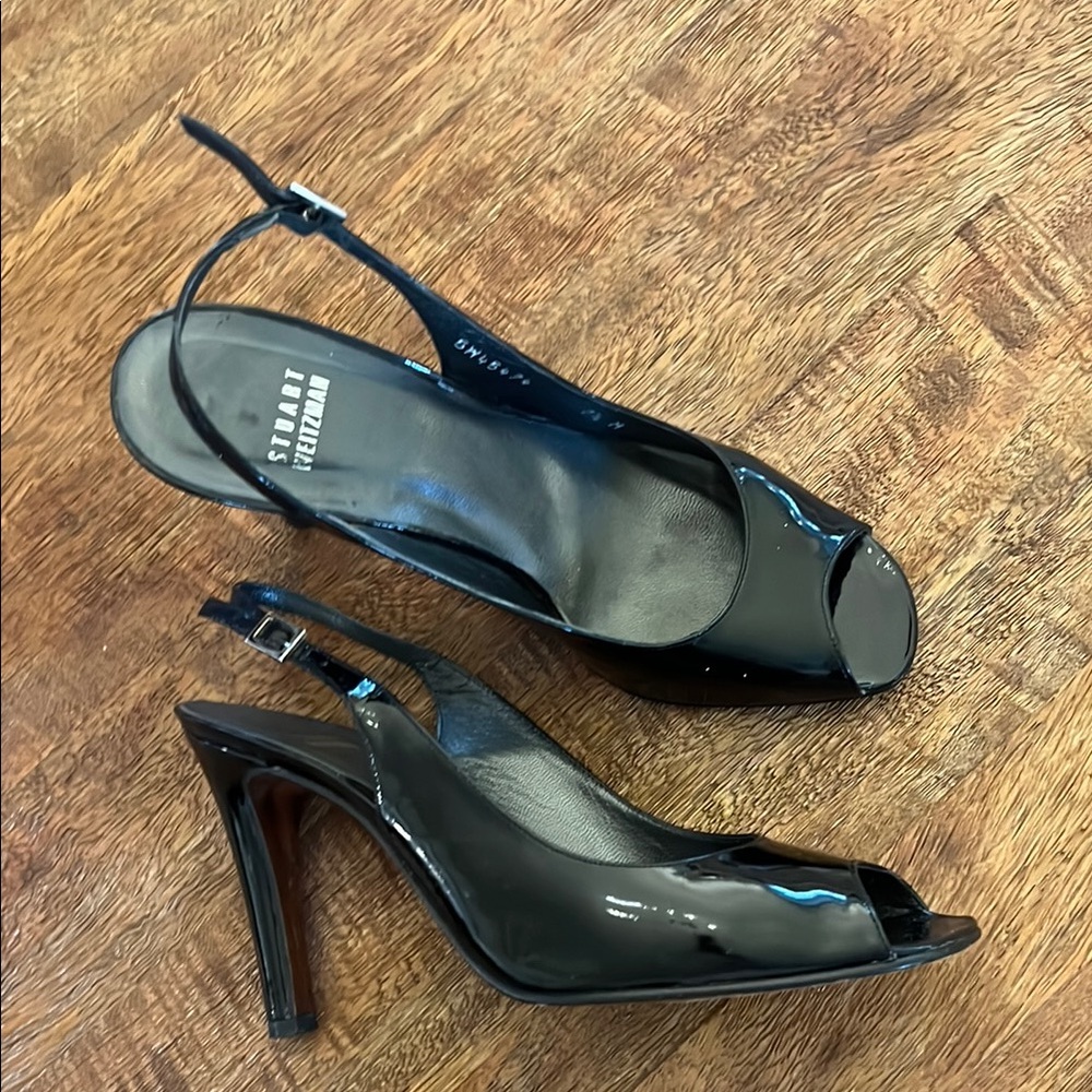 Stuart Weitzman Black Patent Leather open toe / peep toe Slingback Heels